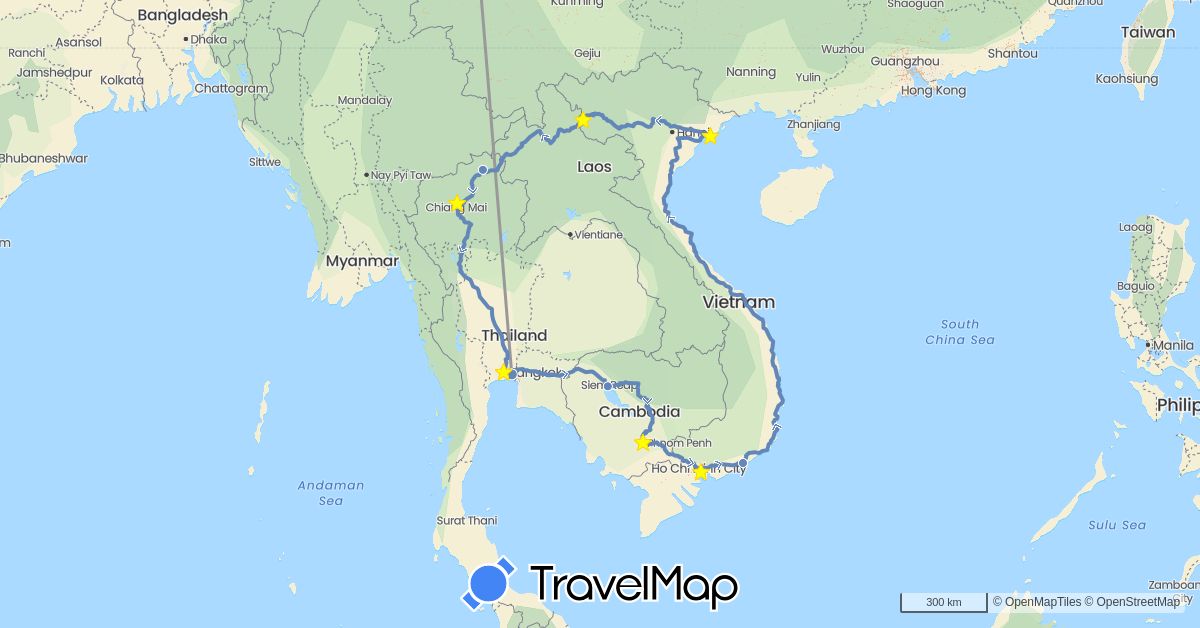 TravelMap itinerary: driving, plane, cycling in Canada, Cambodia, Thailand, Vietnam (Asia, North America)