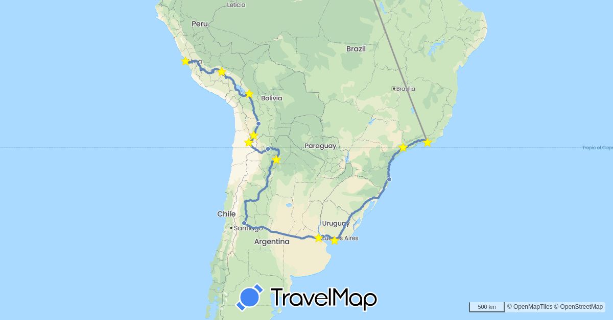 TravelMap itinerary: driving, plane, cycling, boat in Argentina, Bolivia, Brazil, Canada, Chile, Peru, Uruguay (North America, South America)